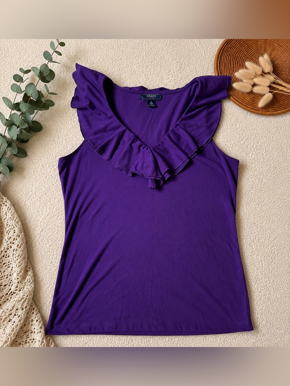 Chaps Purple Ruffle V-Neck Sleeveless Tank
